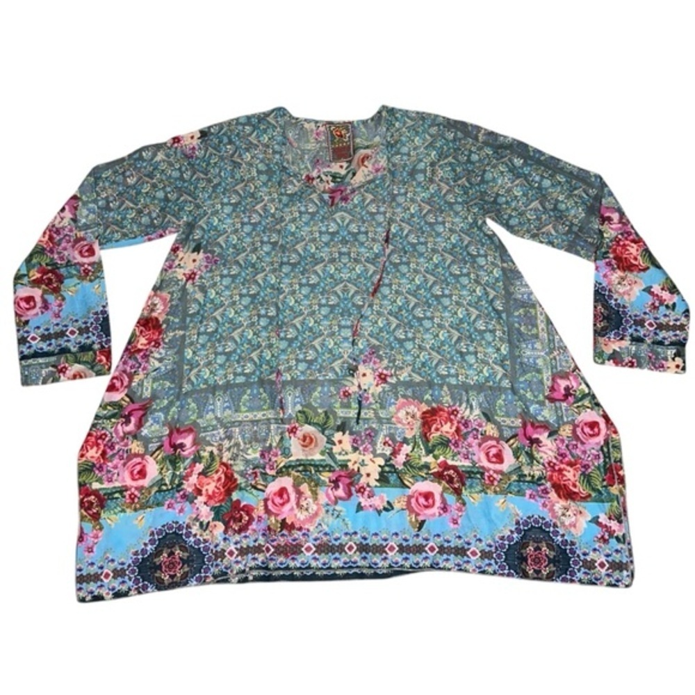 {EUC Johnny Was Floral Patterned Tunic Top Tie Front Medium Cotton}